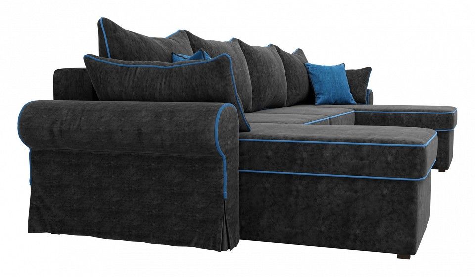 диван элис п,велюр черный с голубыми подушками  подушками