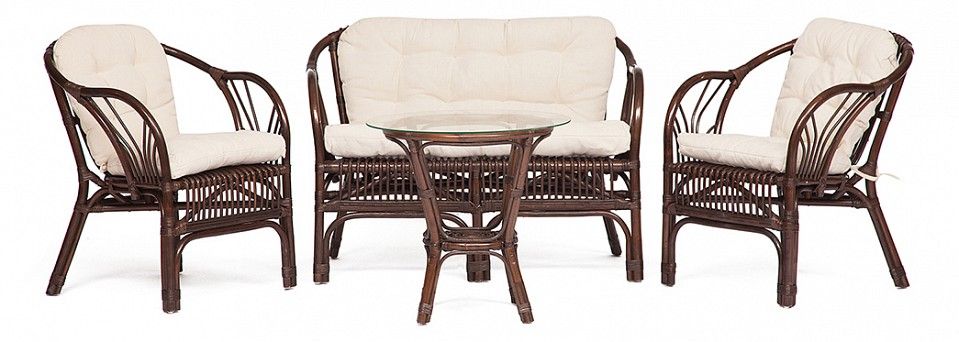 комплект  new bogota  ( диван + 2 кресла + стол со стеклом ) ротанг, кр:61х67х78,5см, дв:108х66х78,5см, ст:d50х56,5см, walnut (грецкий орех)